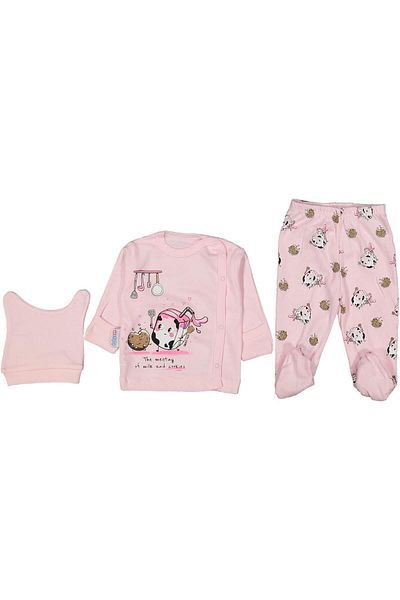 TRENDİMİZBİR Unisex Baby Cookie Patterned Pink 3-Piece Bodysuit Set