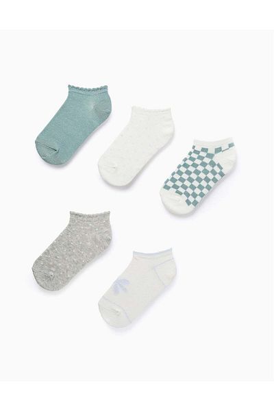 Ziddy Pack of 5 Pairs of Ankle Socks with Lurex Threads for Girls, Grey/White/Green