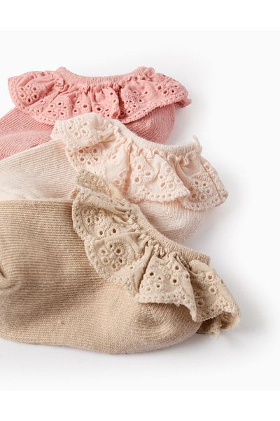 Ziddy Pack of 3 Ankle Socks with Broderie Anglaise Ruffles for Baby Girls, Pink/Beige