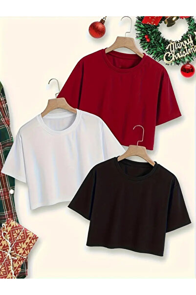 ALİKA المرأة أحمر أسود أبيض 3 قطعة طاقم الرقبة المحاصيل