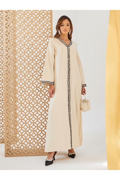 Styli Solid Tweed Lace Detail A-Line Jalabiya