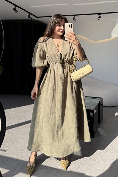 Gizem Ecemiş Leydia Haki Müslin Elbise