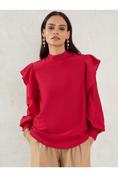 Femmella By Styli Solid Ruffled Detail High Neck Top