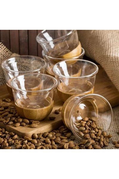 mastergold 12pcs Clear Heat Resistant Borosilicate Glass Arabic Coffee Cup Set with Elegant Compact Wood Base