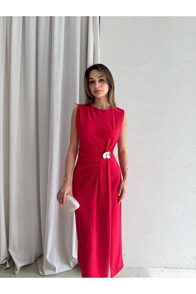 KOSHKA BUTİK Red Side Buckle Pleat Detail Sleeveless Dress