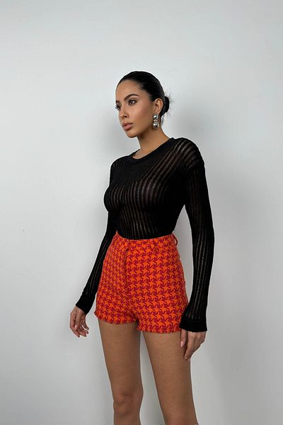 Black Fashion Orange Red Tweed Houndstooth Shorts