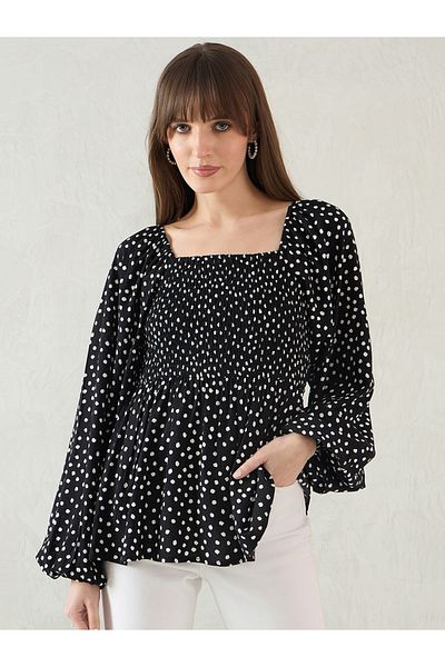 Femmella By Styli All-Over Print Smocked Detail Peplum Top