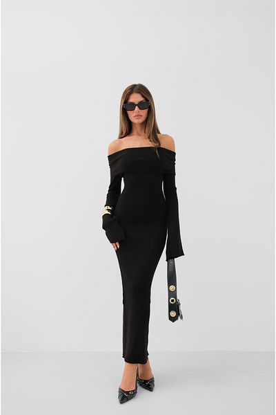 Black Fashion Black Maxi Knitwear Dress - Shoulder Low-Cut