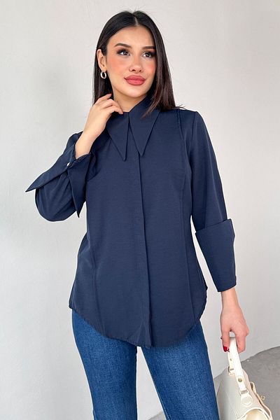 Cappmoda GML-13258 Μπλε ναυτικό πουκάμισο με κρυφό κουμπί με ραβδώσεις