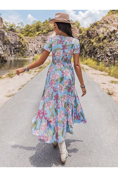 Russty Dustty By Styli Floral Printed V-Neck Short Sleeve Dress