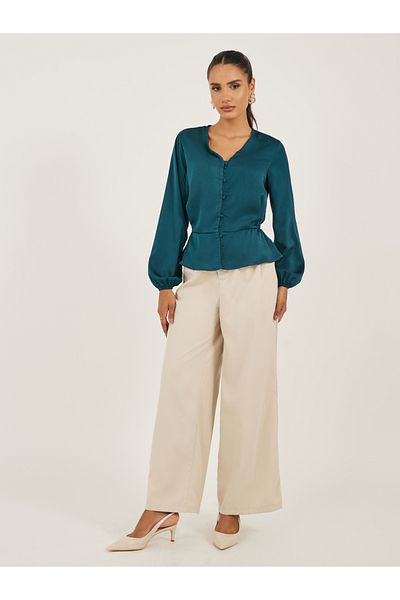 Styli Women Solid Cuffed Sleeves Peplum Blouse