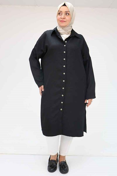 Eslina 58065 Plus Size Melange Linen Low Sleeve Shirt - Black