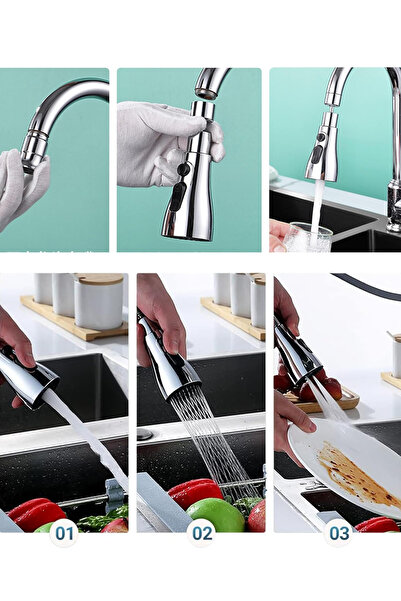 MEZİGARC 3 Fonksiyonlu Tasarruflu 360 Derece Döner Musluk Lavabo Başlığı Evye Mutfak Bataryası Musluk Başlığı