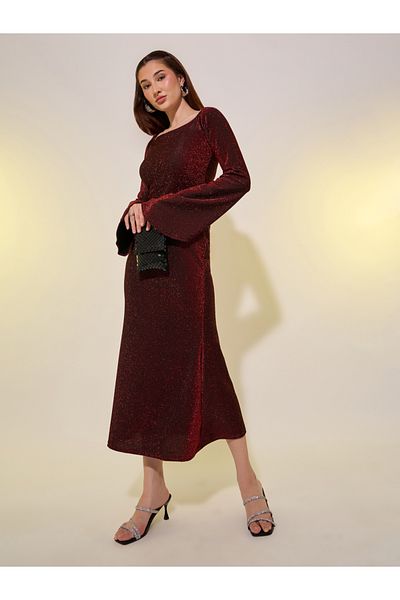 Styli Women Red Glittered Bell Sleeves A-Line Midi Dress