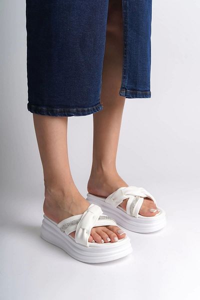 TB Terzi Bey Clara Flat Heeled Ribbon Patterned Stone Thick and Orthopedic Sole Women's Slippers Bt - White