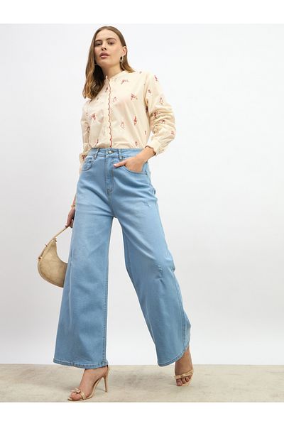 Styli Embroidered Scalloped Detail Mandarin Collar Top