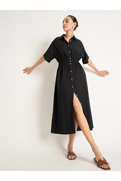 Femmella By Styli Solid Cinched Waist Shirt Midi Dress