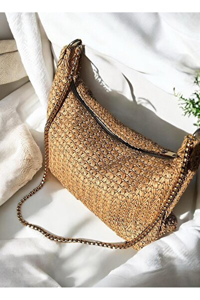 Katusa Women's Zigzag Knitted Straw Gold Chain Hand and Shoulder Bag