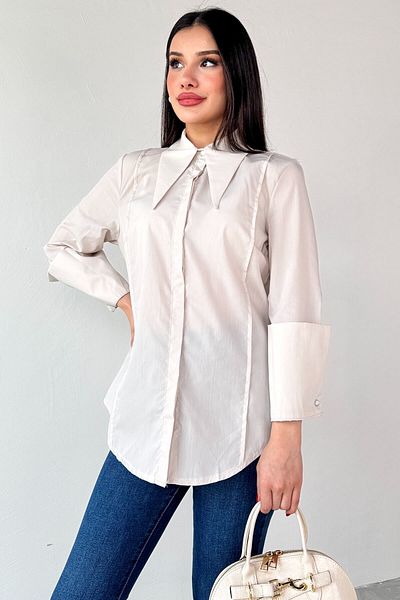Cappmoda GML-13258 Πουκάμισο με κρυφό κουμπί με μυτερό γιακά σε χρώμα πέτρας