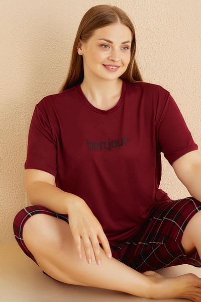 cotonhause طقم بيجامة كابري أحمر كلاريت بأكمام قصيرة مقاس كبير للسيدات 50503-051