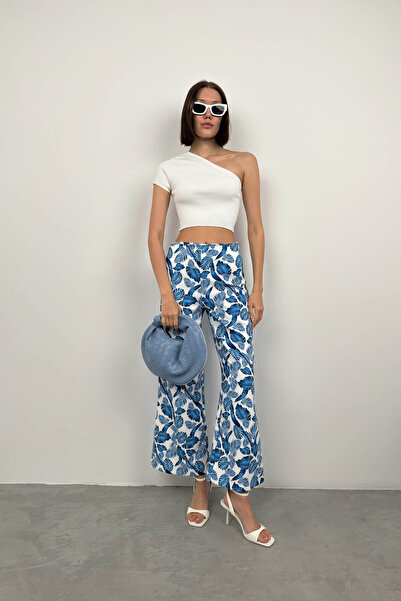 Black Fashion Blue Patterned Pipe Leg Trousers