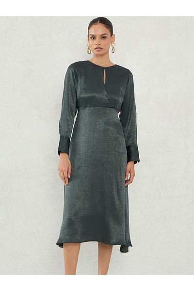 Femmella By Styli Solid Keyhole Neck Satin A-Line Midi Dress