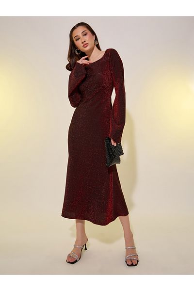 Styli Women Red Glittered Bell Sleeves A-Line Midi Dress