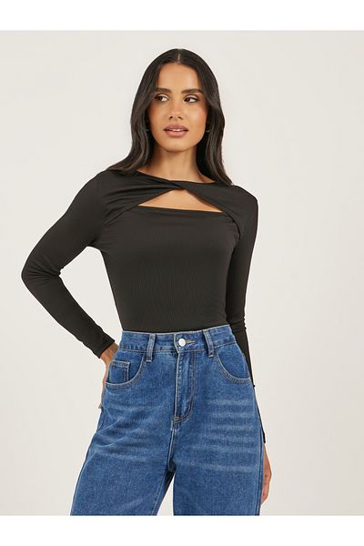 Styli Women Black Ribbed Cut Out Knit Top