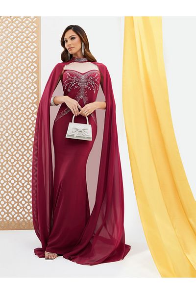 Styli Embellished Cape Sleeve Mermaid Hem Maxi Dress