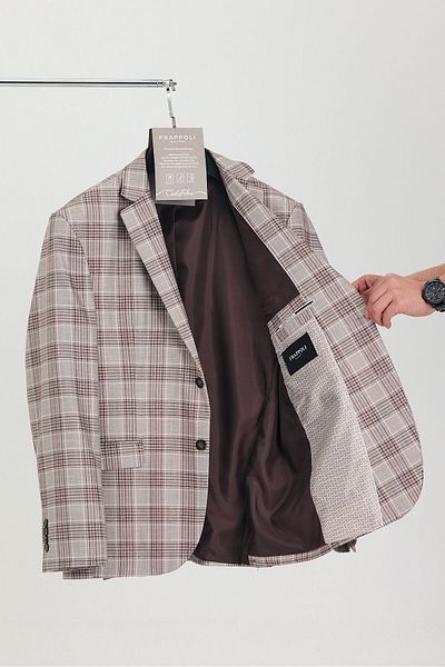 Frappoli Ανδρικό μπεζ καρό ύφασμα Uchee Sports Blazer Jacket (Plus Size-Battal)