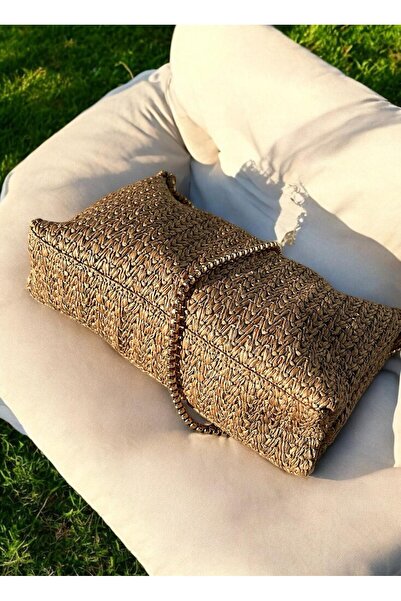 Katusa Women's Zigzag Knitted Straw Gold Chain Hand and Shoulder Bag