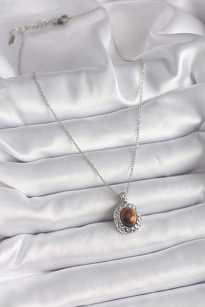 norsary 316L Steel Silver Color Chain Amber Bead Model Women's Necklace