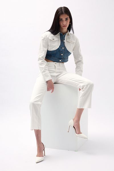 Black Fashion Jachetă de blugi crop dublă culoare albastru alb