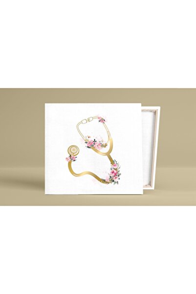 Prof Stetoscop- Pictură pe pânză cu flori aurii, cadou decorativ