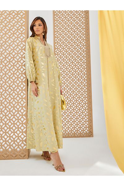 Styli Foil Print A-Line Jalabiya with Lace Trim