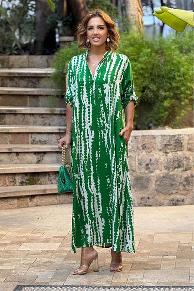 Nevin Kaya Moda JUMĂTATE DE PLAC Rochie verde cu modele fulger