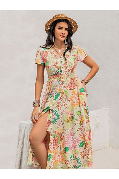 Russty Dustty By Styli Floral Print0ed V-Neck Short Sleeve Dress