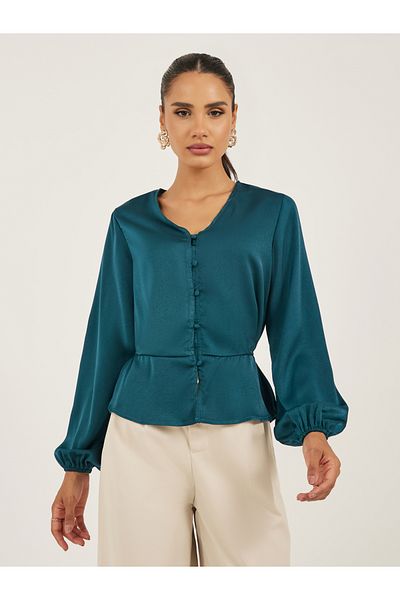 Styli Women Solid Cuffed Sleeves Peplum Blouse