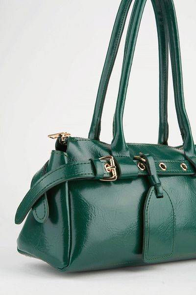 Vivaq Women's Green Broken Shiny Faux Leather Baguette Design Belted Zipper Closure Handbag