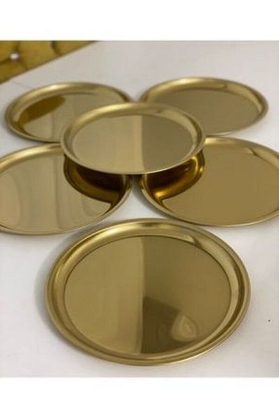 Kumsal Hediyelik Round Gold Presentation Tray Decorative Serving Tray Tea, Promise, Engagement, Presentation Coffee 22 Cm 6 Pieces Round