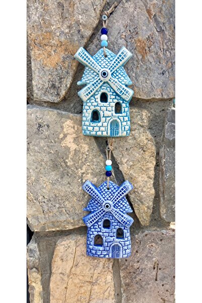 Store Balkon Süsü Duvar Dekorasyonu Bahçe Süsleri Seramik Alaçatı Bodrum Yel Değirmeni 2 li Mavi Set