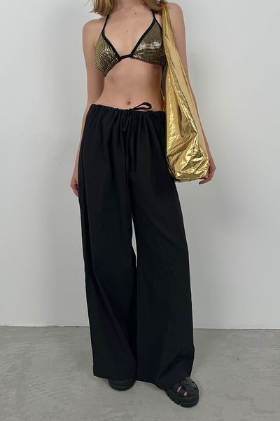 Black Fashion Black Voile Tunnel Detailed Trousers