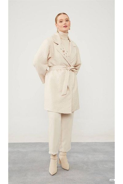 Levidor Quilted Stone Detailed Belted Women's Coat