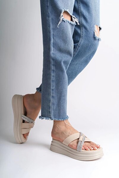 Graph Ruby Flat Heeled Stone Cross Striped Thick and Orthopedic Sole Women's Slippers Kt - Cream