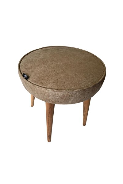 Home Bej Deri Görünümlü Ahşap Ayaklı Yuvarlak Puf | Modern Vintage Oturma Taburesi