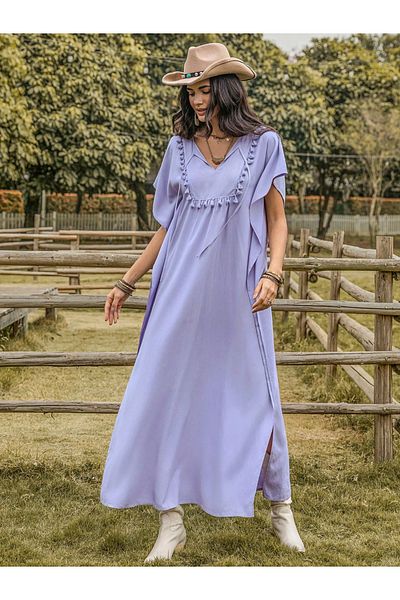 Russty Dustty By Styli Solid V Neck Batwing Sleevec Maxi Dress