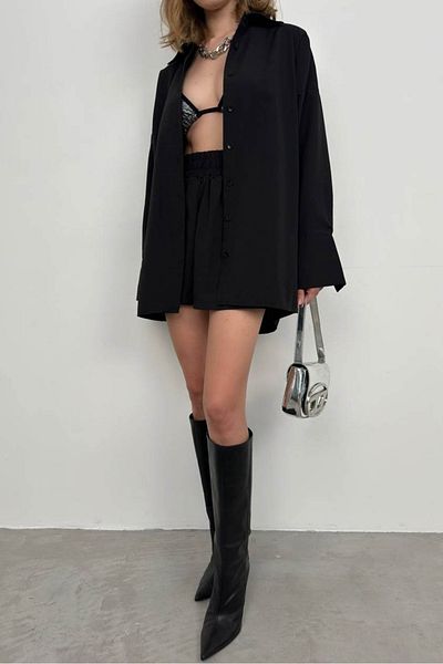 Black Fashion Black Oversize Shirt and Drawstring Shorts Set