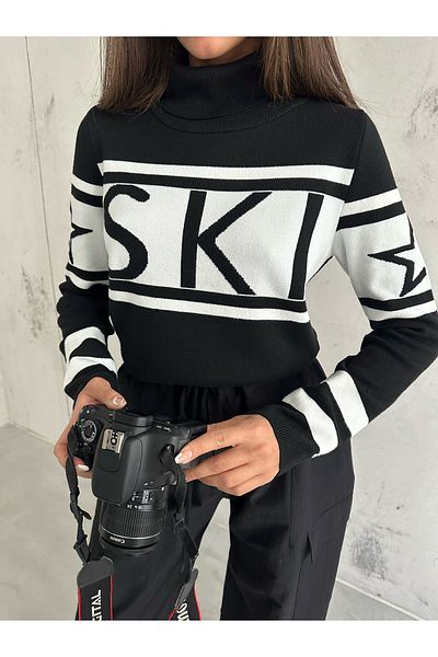 Black Fashion Pulover negru cu gât țesut jacquard