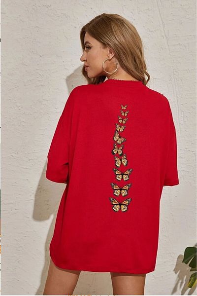 woonkey Women's Oversized Butterfly Back Printed Crew Neck New Season T-Shirt