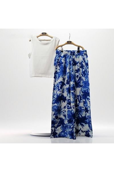 Çikoby Deroshkids Girls' Patterned Wide Leg Elastic Waist Linen Pants and Crop Body Two Piece Set